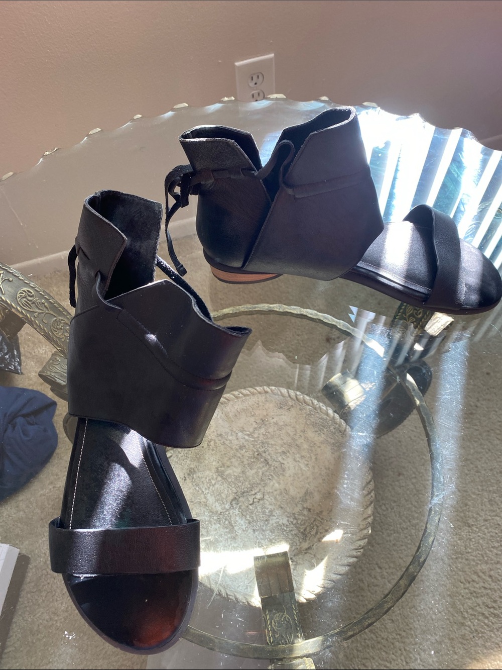 Kelsi Dagger Black Ankle-Wrap Wedge Sandals